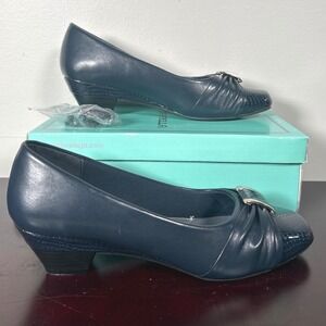 Marbella Missy Navy Blue Snakeskin Embossed Low Wedge Buckle Pumps Women Size 7M